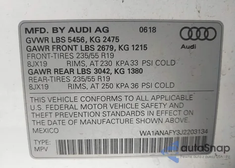 2018 Audi Q5 2.0T Premium/2.0T Tech Premium z USA, uszkodzony, nr VIN WA1ANAFY3J2203134